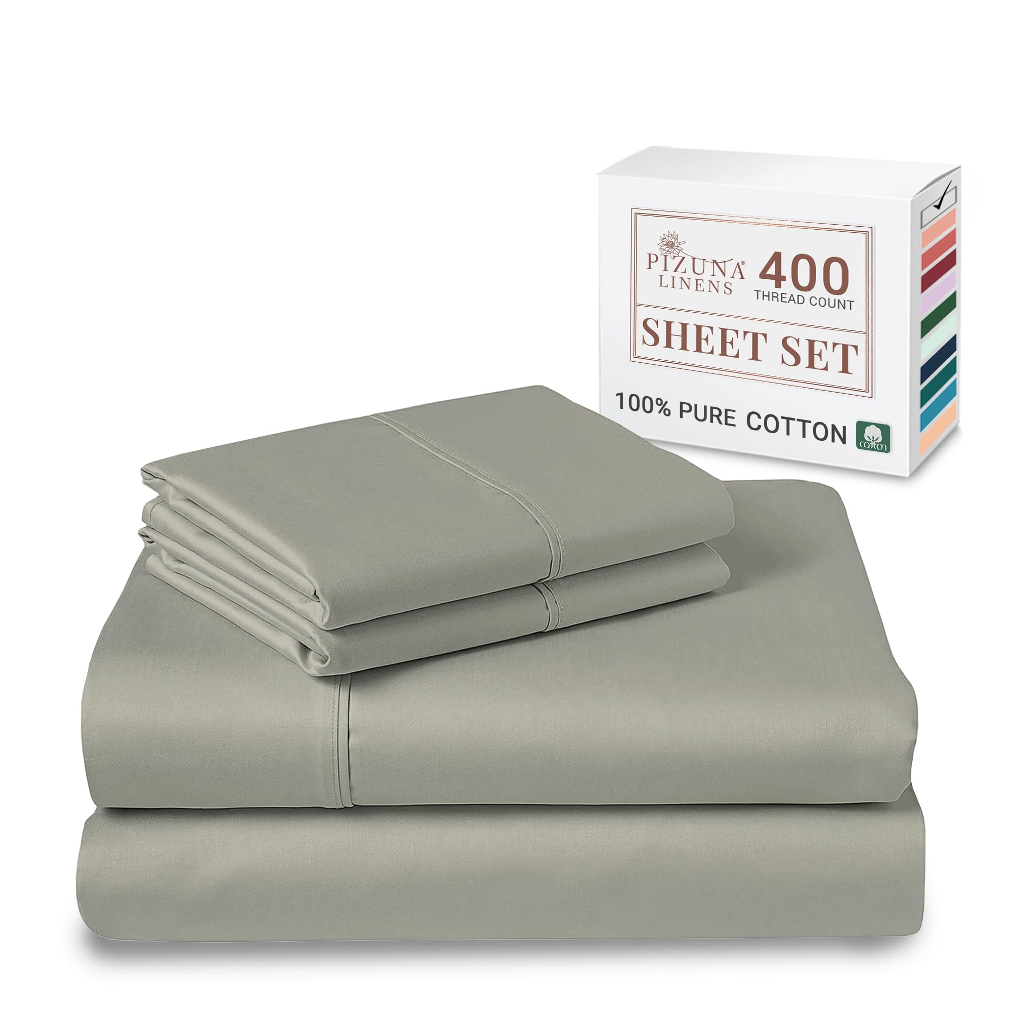 Pure 100% Cotton Queen Bed Sheet Set Silver, 400 Thread Count Cozy Luxury Long Staple Cotton Sateen Weave Bedsheet Set (1 Flat Sheet, 1 Fitted Sheet, 2 Pillowcases)