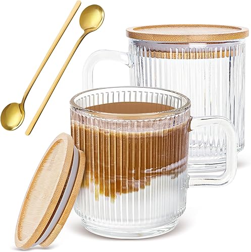 Juego de 2 tazas de café de vidrio con tapas y cucharas de bambú, cristalería acanalada vintage de 12 onzas para café con leche, té, capuchino,