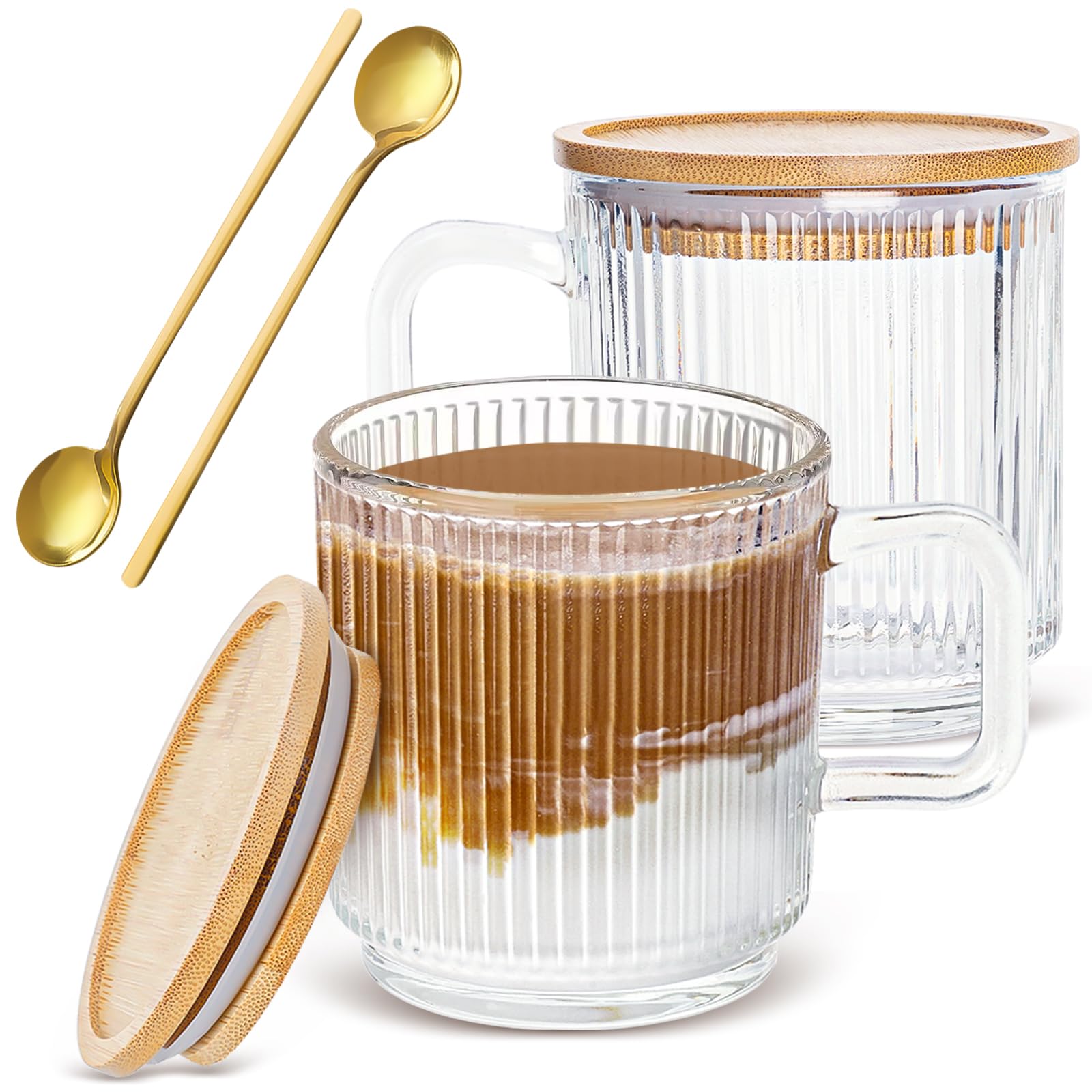 Set of 2 Glass Coffee Mugs with Bamboo Lids and Spoons, 12oz Vintage Ribbed Glassware for Latte, Tea, Cappuccino, Cute Coffee Bar Accessories Clear Glass Coffee Cups for Hot/Cold Beverages