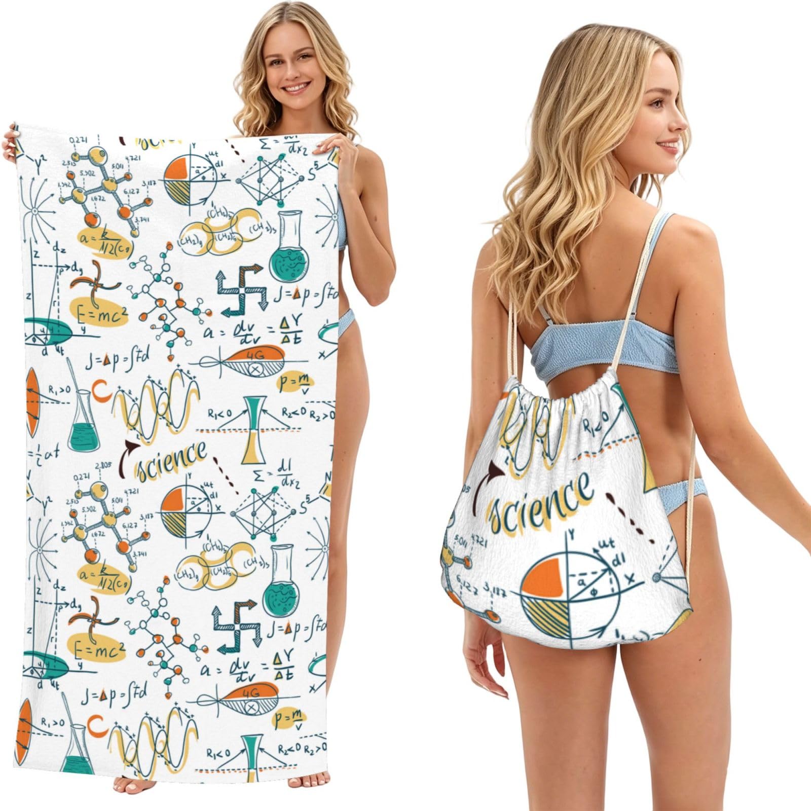 Poadnly As Picture Science Lab Education Biology Chemistry, 2 In 1 Packable Towel Bag, Beach Towels With Drawstring Backpack For Travel Holiday Camping