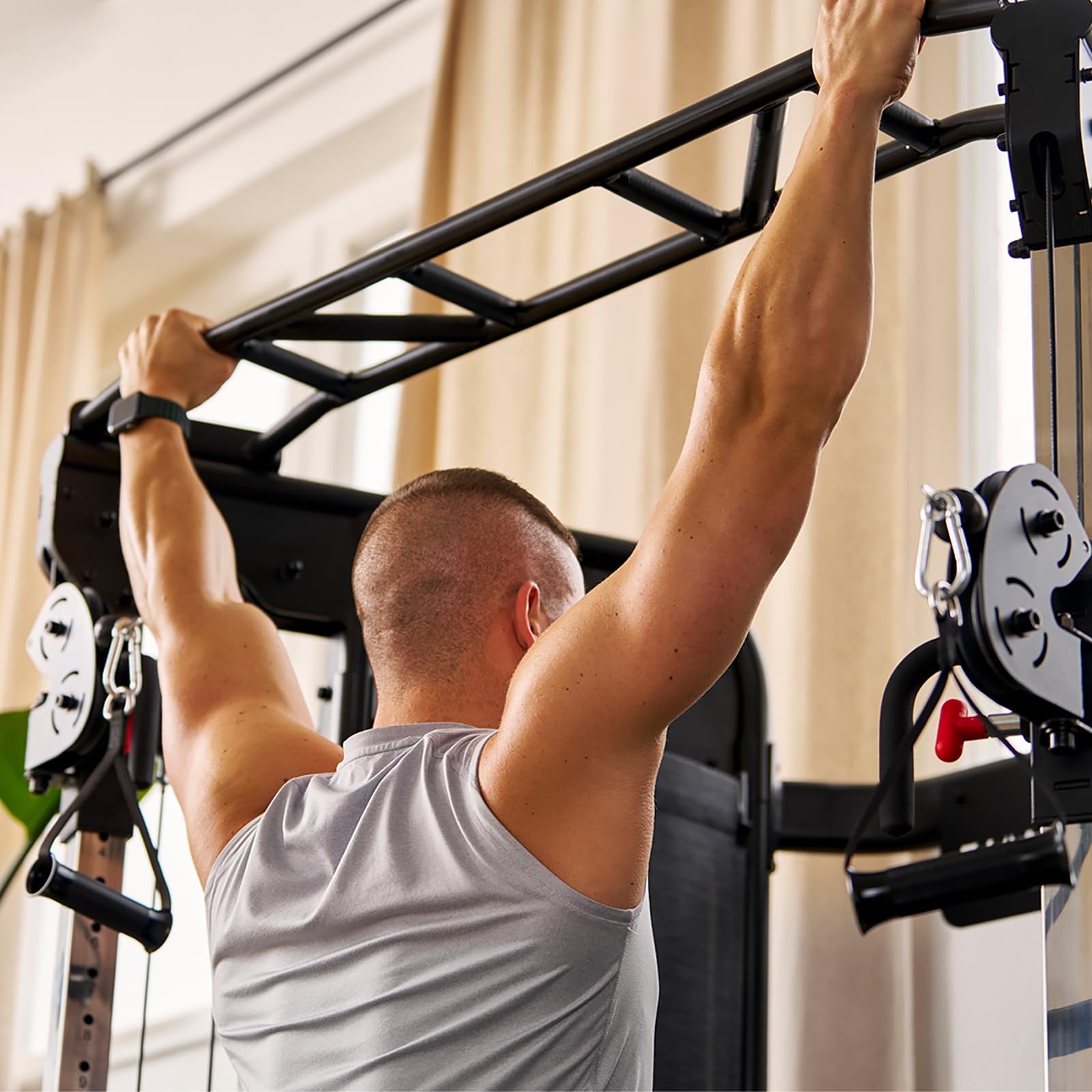 HAMMER Kraftstation Autark 8.0, kompakte Fitnessstation für zu Hause, Fitness-Tower mit Doppel-Seilzugsystem, 2 x 80 kg Gewichtsblöcke, Multigriff-Klimmzugstange, Home Gym Sport Gerät