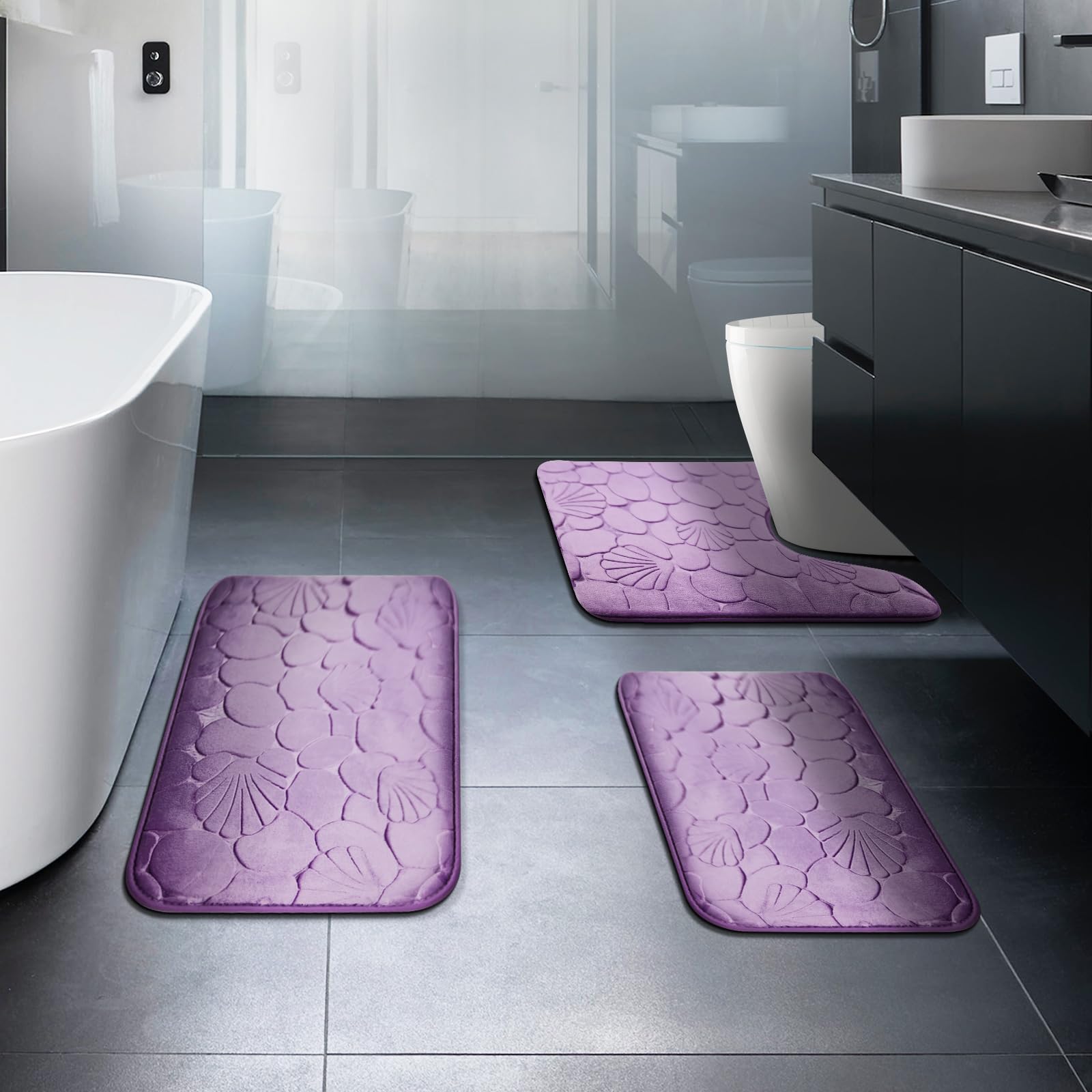 Purple Memory Foam Bathroom Rugs Sets 3 Piece with Rubber Backed Non