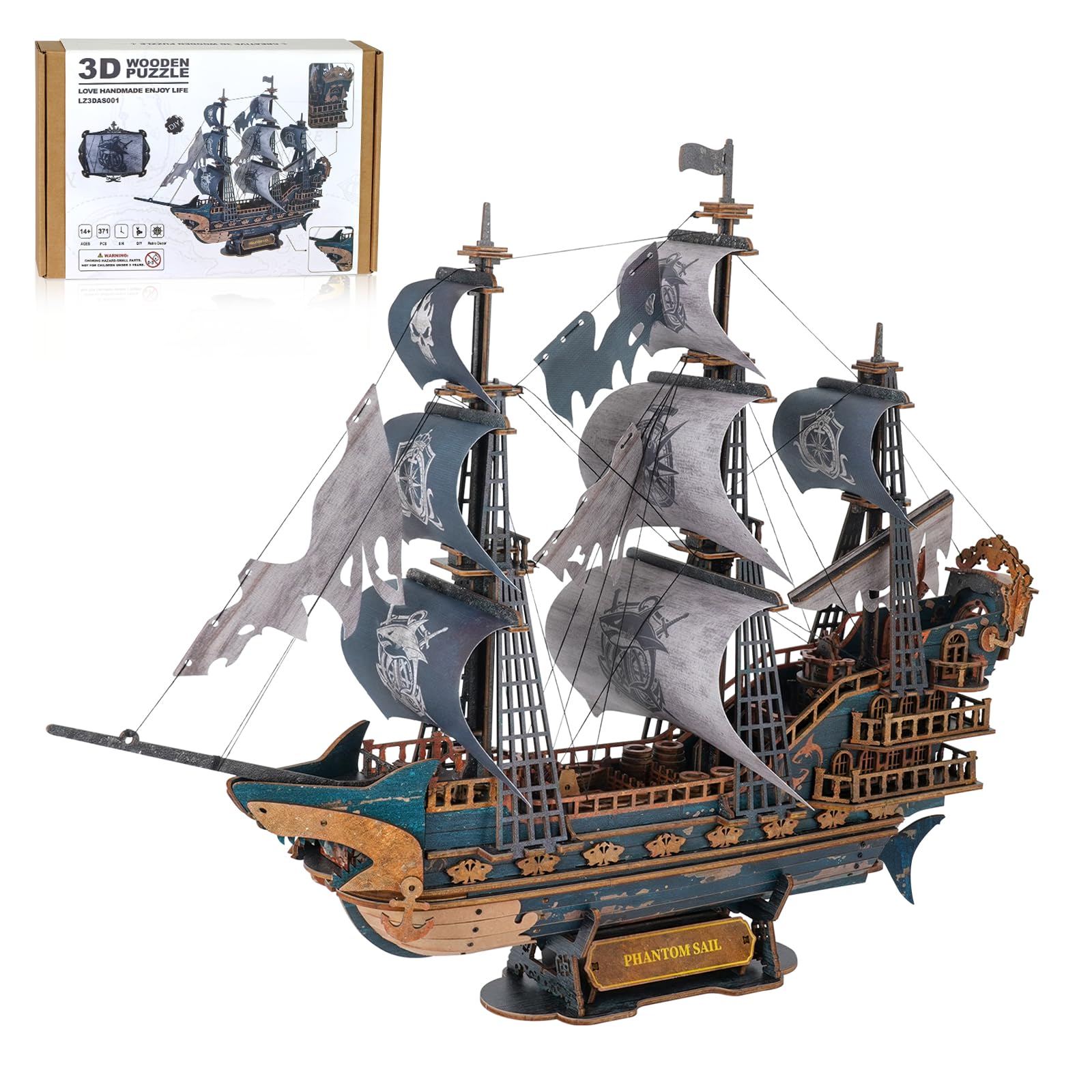WEBYEARO 3D Wooden Puzzles for Adults, Vintage Shark Pirate Ship Model Kits for Adults, DIY 3D Puzzle Sailboat Kit for Desk Shelf Decor, Wooden Puzzle Gift for Pirates Fans Craft Lovers