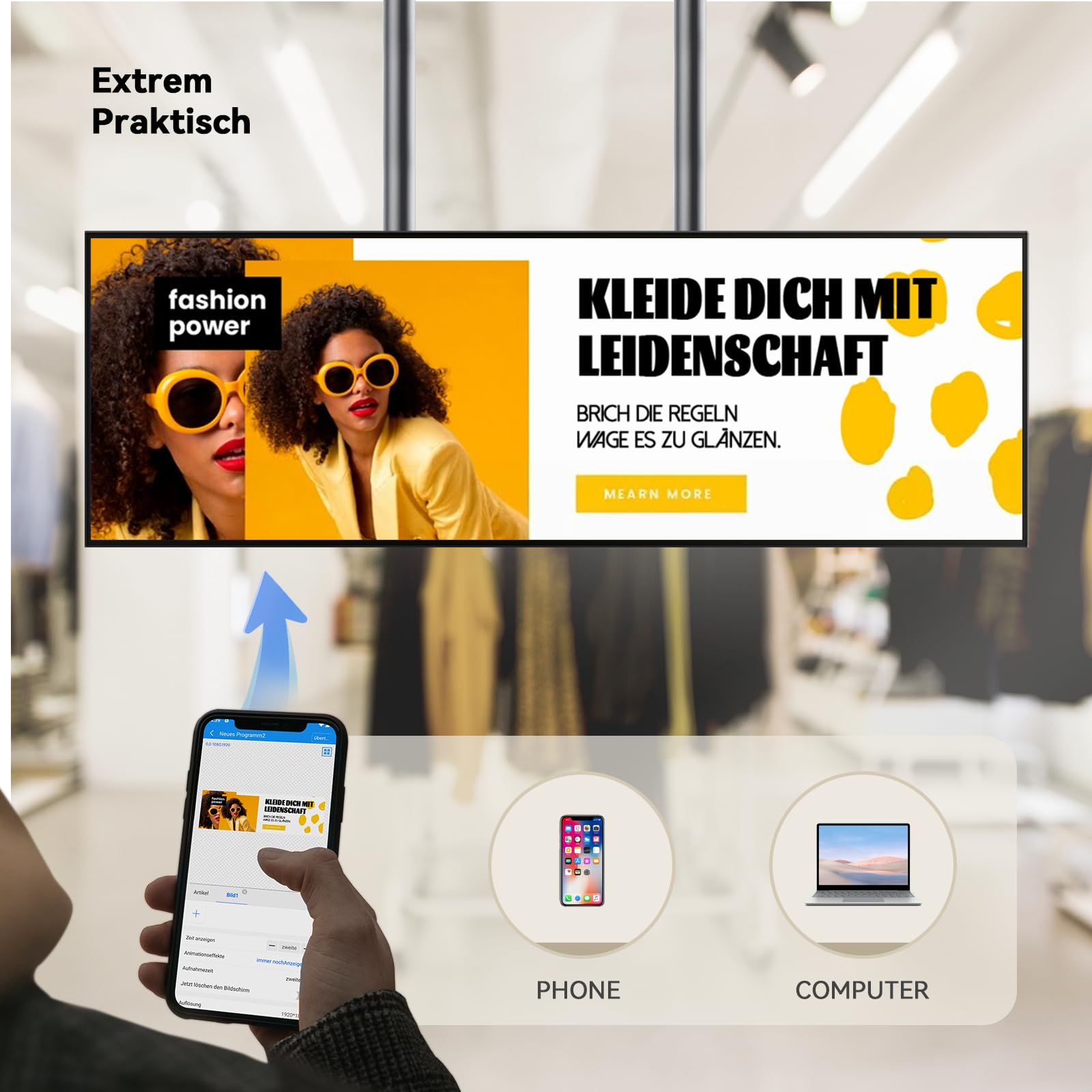 Digital Signage Display 43 Zoll,1000 Nits Stretched Bar Monitor | 4K Digitale Menüboards für Restaurant & Business, ultrabreiter Werbedisplay mit HDMI/WLAN, ideal für Schaufenster und Werbung