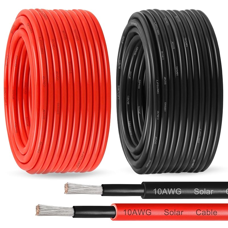 Cabo de Extensão Solar 10 AWG (6 mm²) MOOKEERF em Cobre Estanhado, 18,3 m Preto + 18,3 m Vermelho, Kit com 2 Cabos