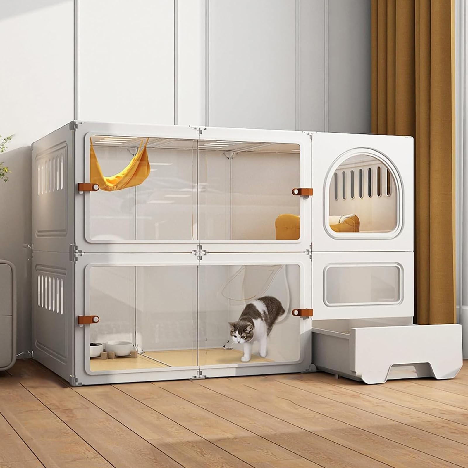 Gabbia per gatti con lettiera, grande spazio verticale per 14 gatti, design con porta scorrevole, colore bianco, 106 x 46 x 71 cm