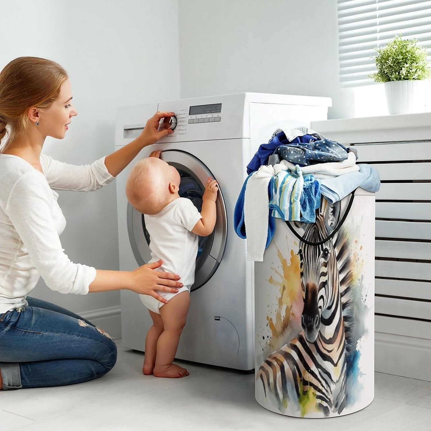 Large Laundry Basket Collapsible Dirty Clothes Basket with Carry Handles Portable Waterproof Freestanding Cute Zebra Watercolor Laundry Hamper for Bathroom Bedroom Laundryroom Dorms 86L