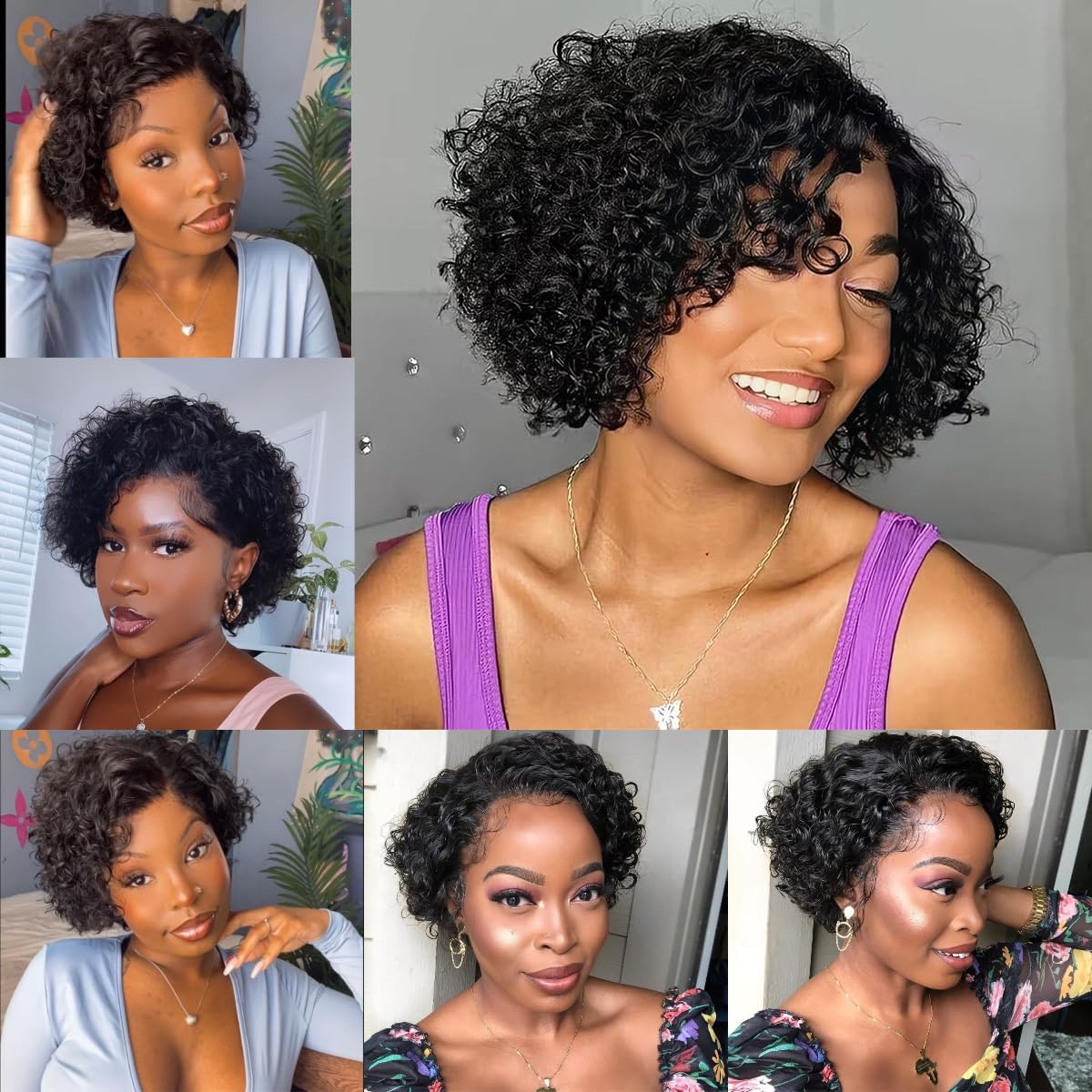 Pixie Cut Wig Human Hair Stylish Curly Short Bob Wig Deep Wave 13x4 Lace Front Glueless Curly Human Hair Wigs for Black Women Natural Look Full Volume Lace Frontal 14 Inch