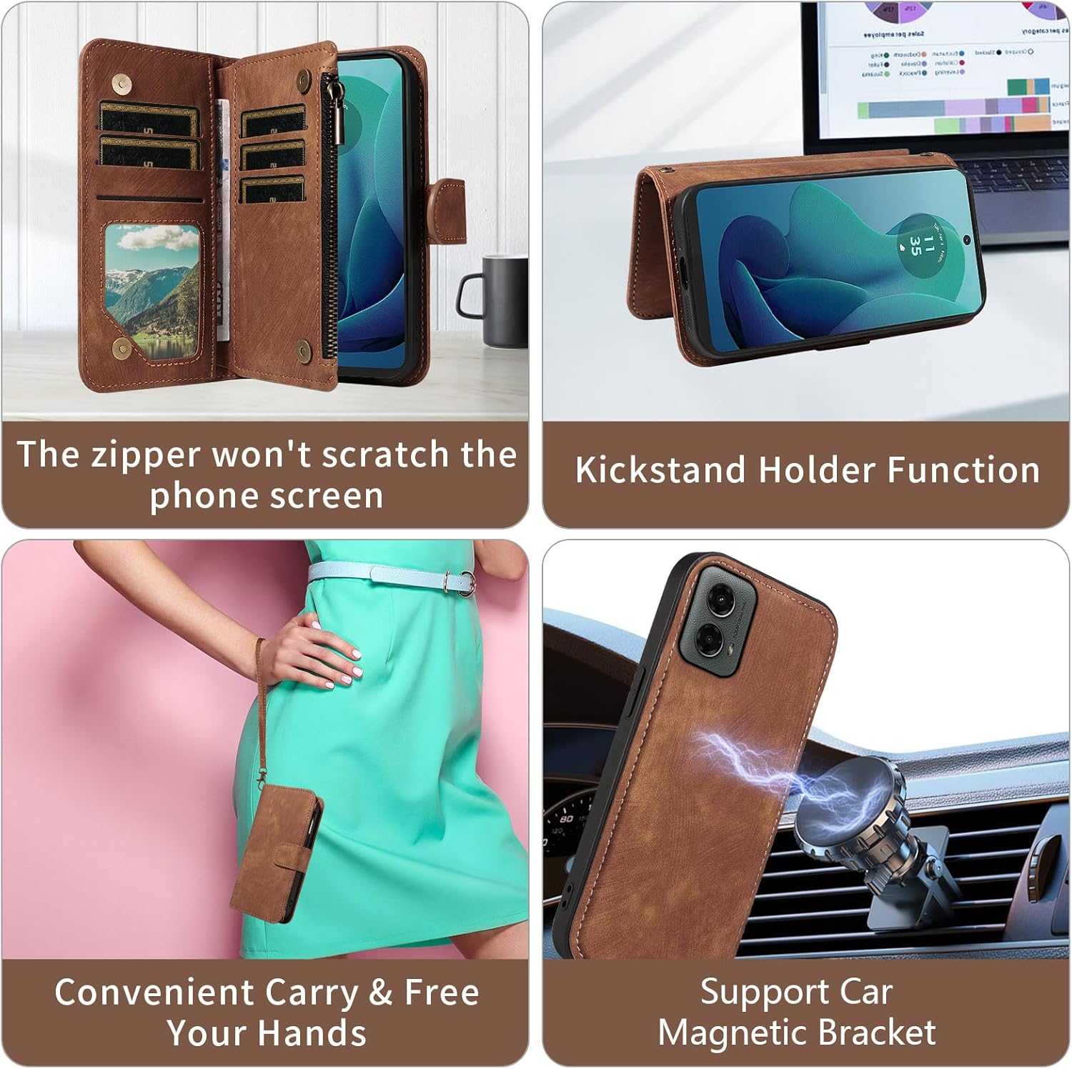 Asuwish Phone Case for Motorola Moto G 5G 2024 Zipper Wallet Detachable Magnetic Cover with Tempered Glass Screen Protector Crossbody Lanyard Strap Flip Card Holder Slot G5G 5 G G5 Women Girls Brown