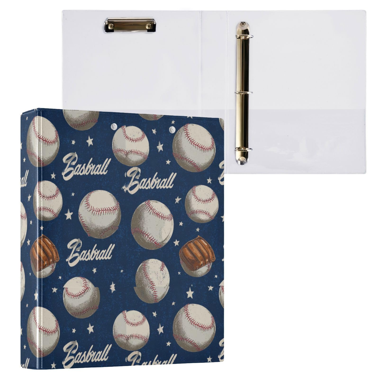 Caikeny 3 Ring Binder Baseball Stars Blue 1.5 Inch Binders Stars Round Ring Clipboard with 2 Pockets for Office Supplies