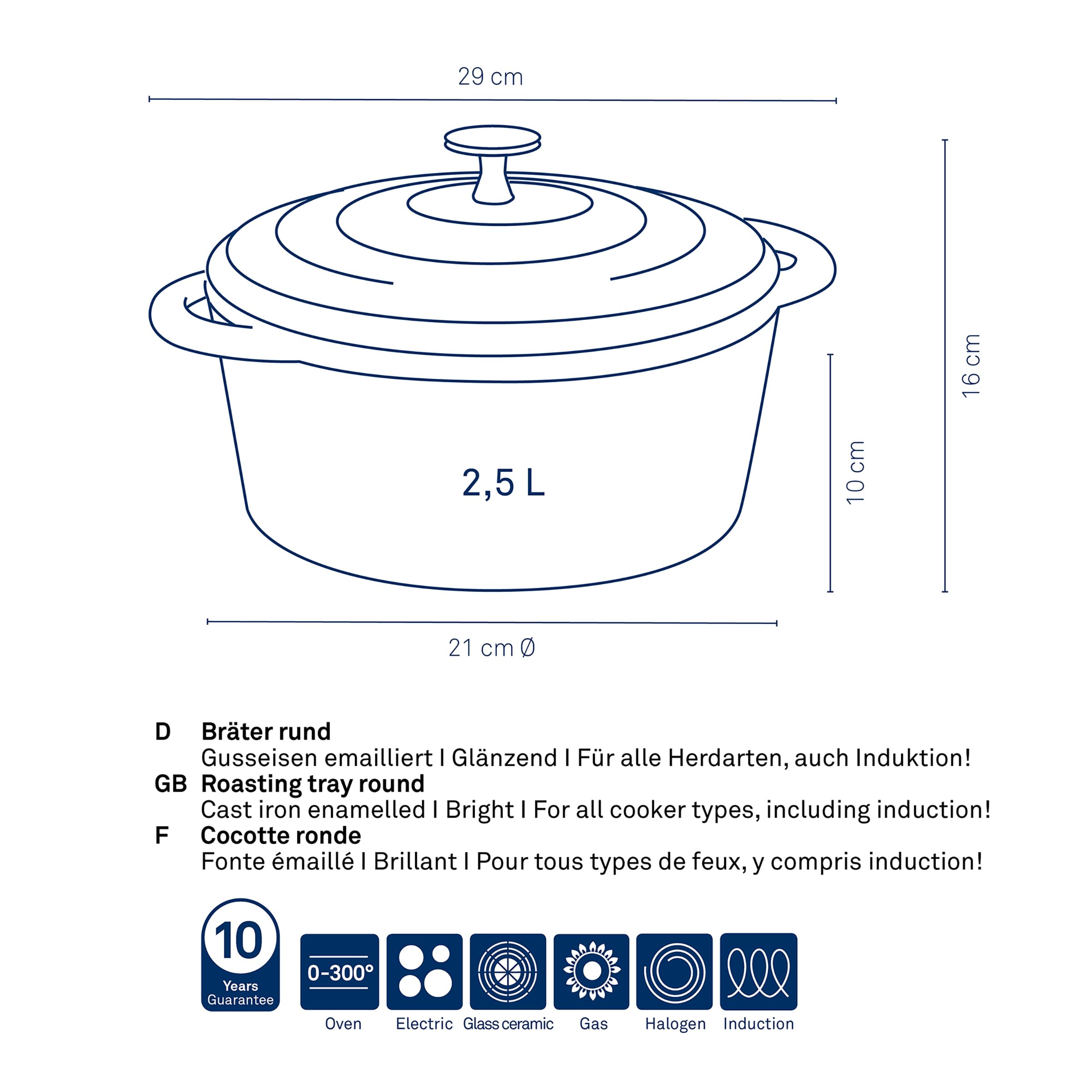 kela tegame in ghisa rotondo da 2,5 litri, Dutch Oven CALIDO, tegame in ghisa per induzione con coperchio, pentola in ghisa per cuocere il pane, smaltata, rossa
