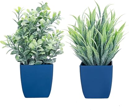 summer flower 2 Pack Fake Plants in Pot Small Artificial Eucalyptus Potted Plant Faux Rosemary in Pot Greenery for Home Decor Indoor Office Shelf Table Desk Bathroom Decoration Blue-2
