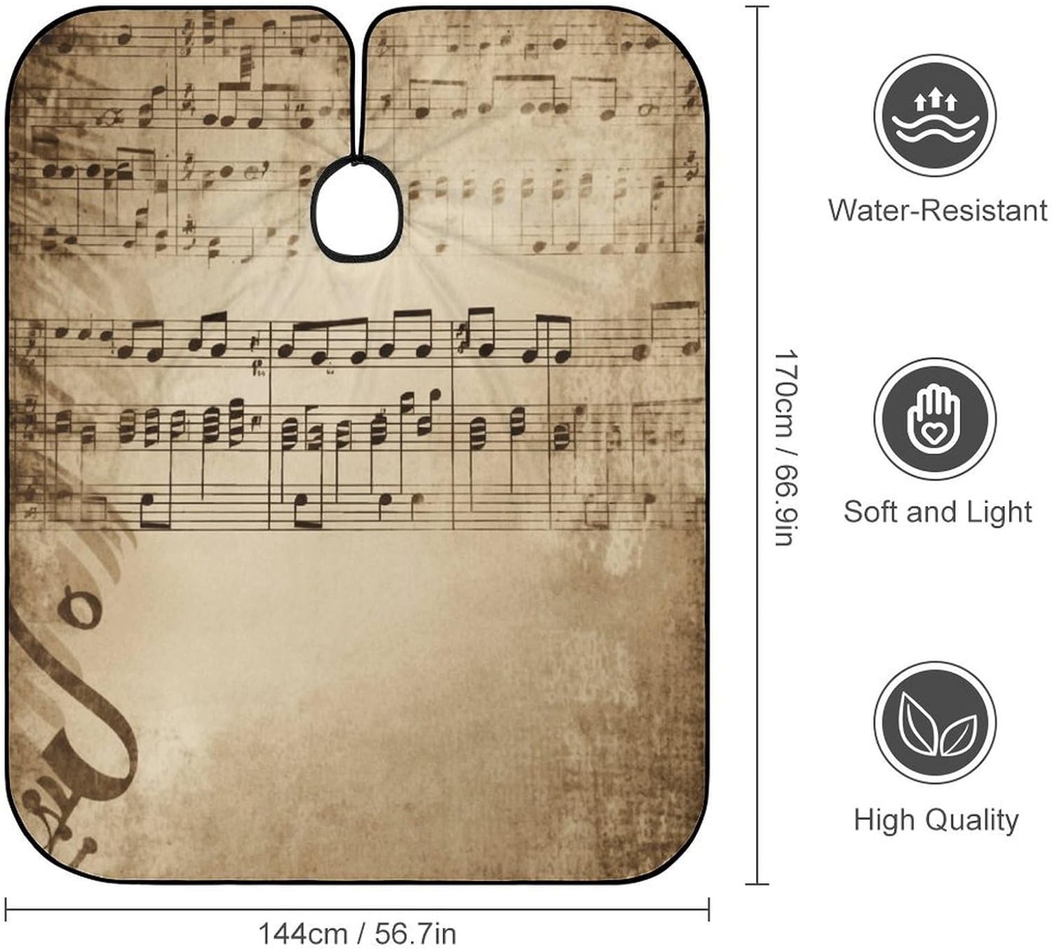 Music Notes on Old Paper Apron for Women Men,Barber Cape with Adjustable Snap Closure,Hair Cutting Cape,66.9 X 56.7 Inches for Hair Dye, Comb-out, Styling, Shampoo