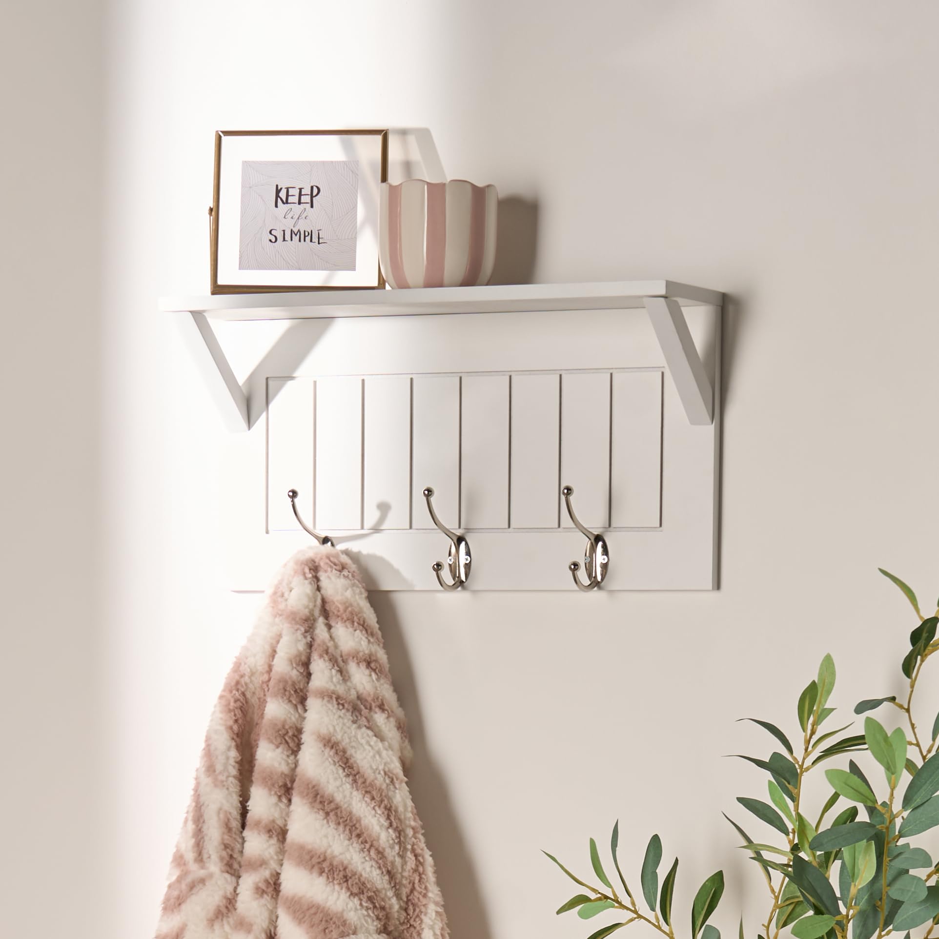 OHS Coat Rack Wall Mounted, Coat Hooks with Shelf and 3 Hooks Wooden Floating Shelves Display Shelf Key Holder Clothes Rail for Entryway Bedroom Bathroom, White