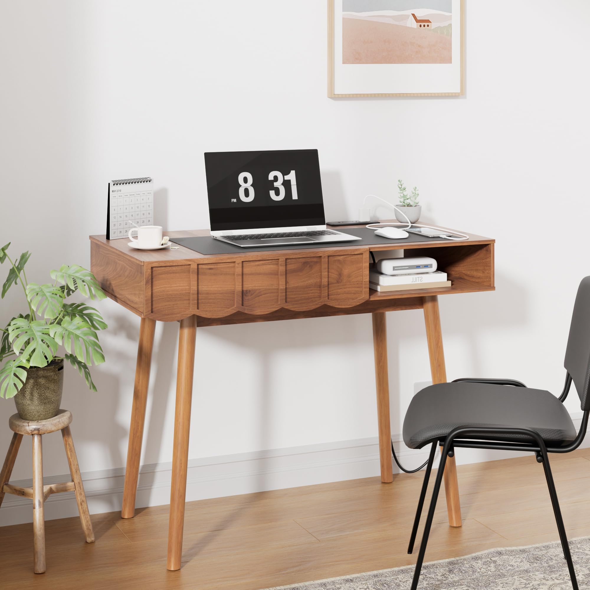 Escritorio Madera con Enchufes USB, 109x51x76cm, 40L Almacenamiento, Nogal Impermeable, para Oficina, Dormitorio, Mesita de Maquillaje，Cable de Alimentación， Mid-Century Modern