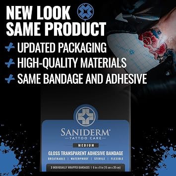 Saniderm Tattoo Aftercare Bandage 3 Sheets (Medium Pack, 6 in x 8 in) Convenient, Faster Tattoo Healing and Protection Sterile, Waterproof, and Latex-Free