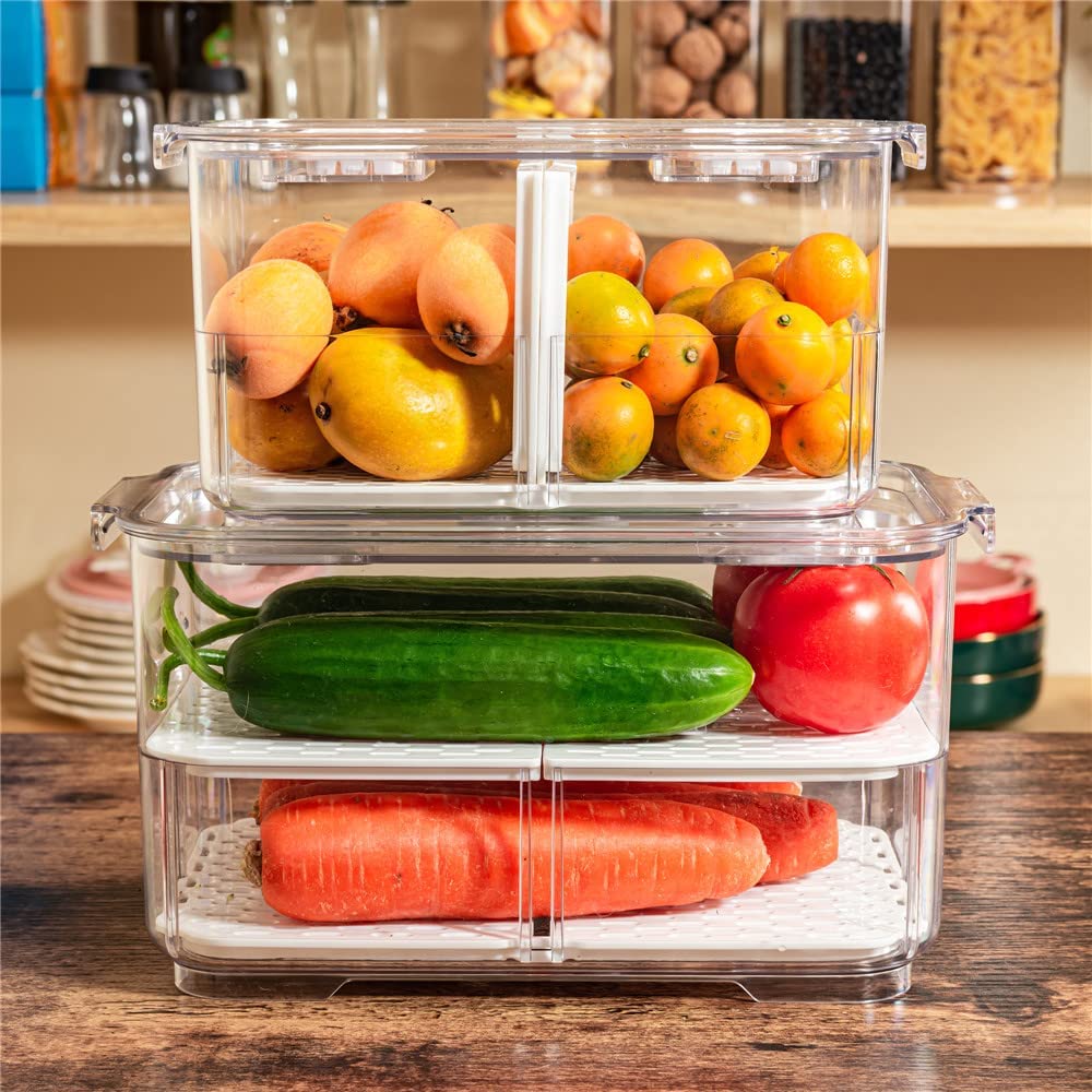 SANNO Fridge Produce Saver Storage Vegetable Fruit Food Container Stackable Refrigerator Organizer Bins Fresh Keeper Drawers, Set of 4, 9.2''Lx5.8''Wx4.8''H-2pack-10.8''Lx6.8''Wx5.7''H-2pack