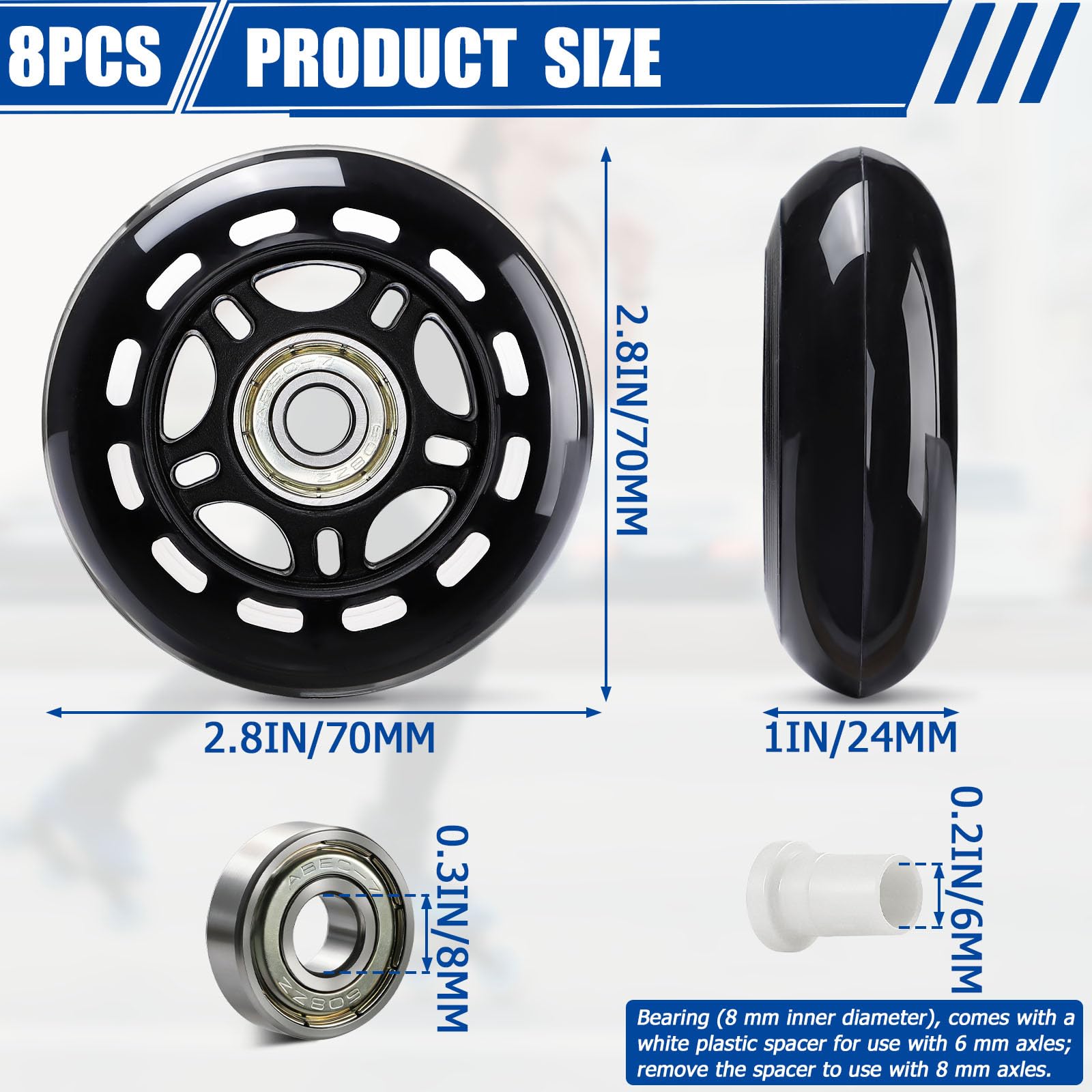 TOBWOLF 8er-Pack 70 mm 82A Inline-Skate-Räder mit ABEC-7-Lagern, Rollschuh-Ersatzräder für Mädchen und Jungen – Schwarz