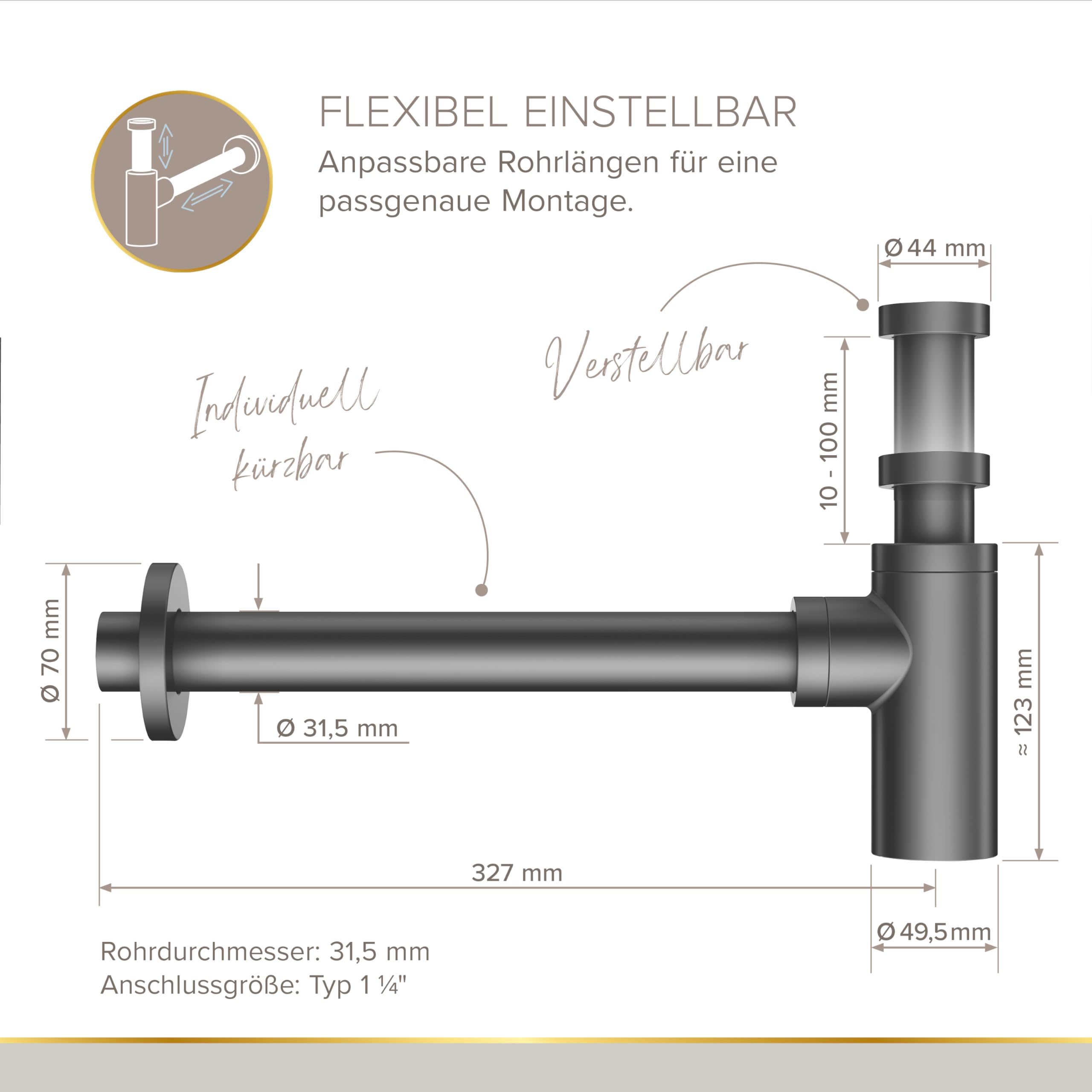 Lenz Design-Siphon JURI in Graphit – Für alle gängigen Waschbecken | Typ 1 1/4", Rohre extralang und anpassbar, Reinigungsöffnung und Geruchsverschluss, Anti-Fingerabdruck Oberfläche, 46090031