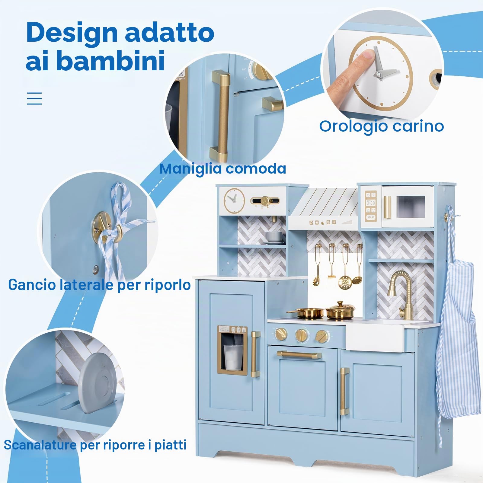 BRINJOY Cucina per bambini, in legno, set da cucina con tende, macchina da caffè, scaffalatura, fornello, lavandino, stoviglie, luce e suono, regalo per ragazze e ragazzi (blu)