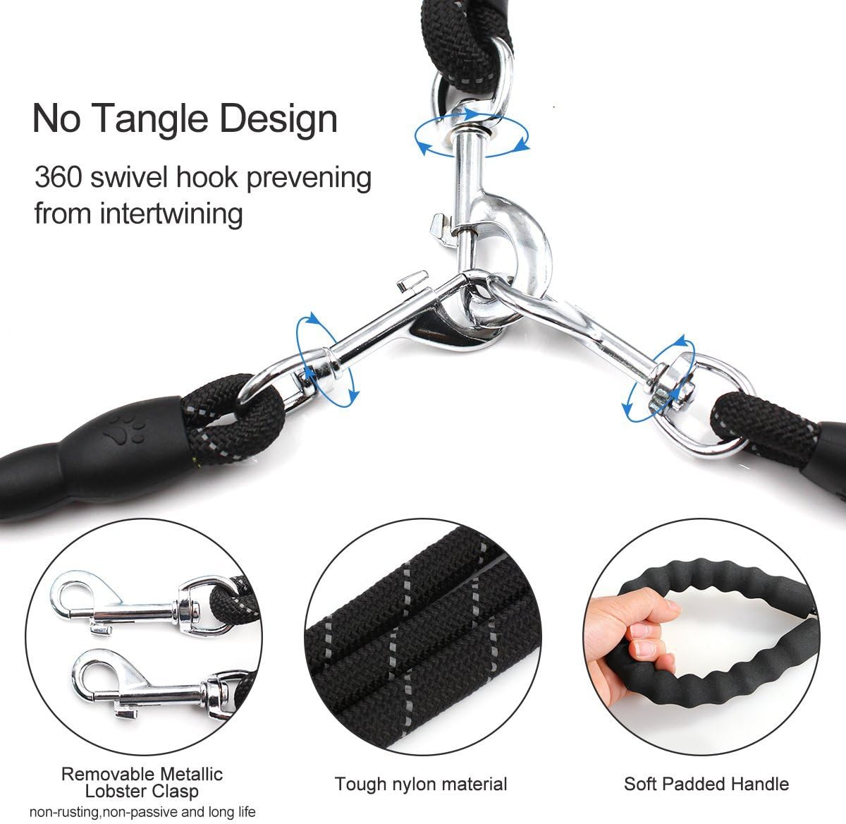 heytech Reflective Dual Dog Leash for 2 Dogs, 5 ft Main Rope with Two 2 ft Auxiliary Ropes, Double Dog Leash 360° Swivel No Tangle Walking (Black)