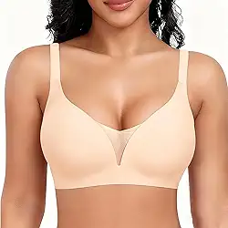 Sutiã feminino sem costura confortável com decote em V sem fio - sutiã push-up sem fio para mulheres, cobertura total, sem costura, Bege claro, G