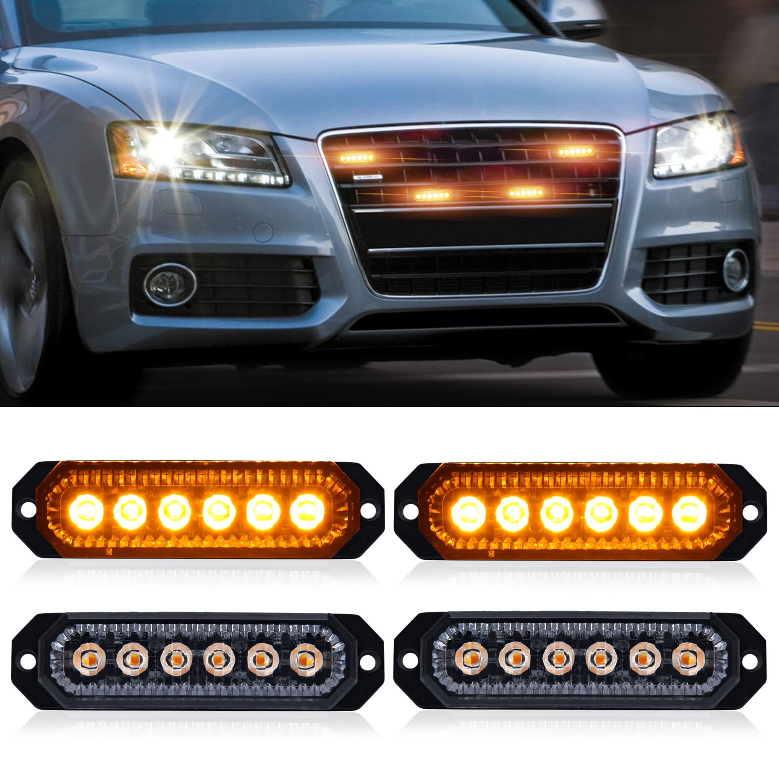 OPL5 Amber Strobe Light 6 LED 4 Pack Waterproof Amber Flashing Emergency Warning Light Bar Side Warming Light Amber Beacon Strobe Light for Trucks Car Vehicle (6LED Amber)