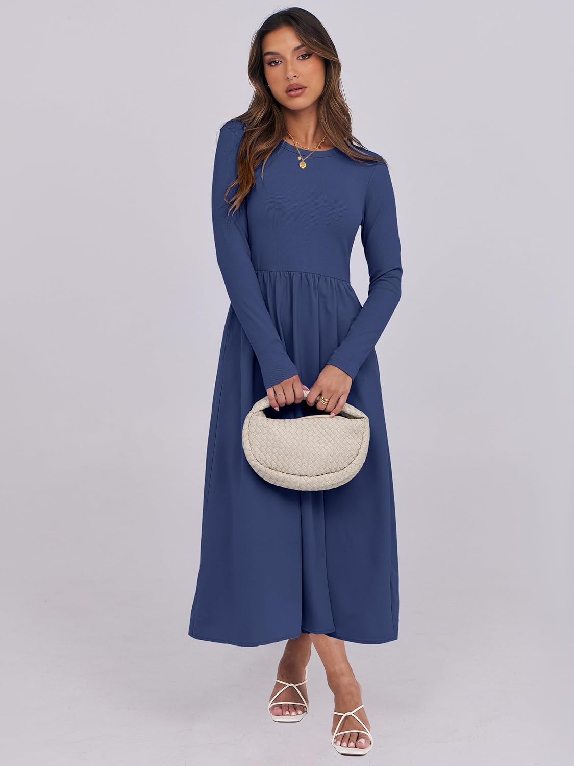 ANRABESS Long Sleeve Midi Dresses for Women 2025 Fall Fashion Casual Rib Knit Patchwork Tight Top Modest Flowy Dress Pocket - Image 5