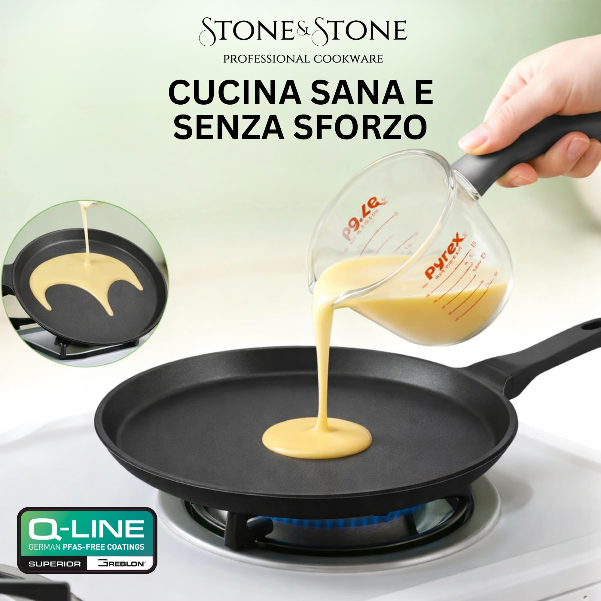 Stone&Stone Padella per Crepes e Pancake 26cm super Antiaderente per Induzione e gas | Crepiera con rivestimento Ceramico Tedesco | Senza PFOA PFAS PTFE | Spatola e Stendi Pastella Inclusi