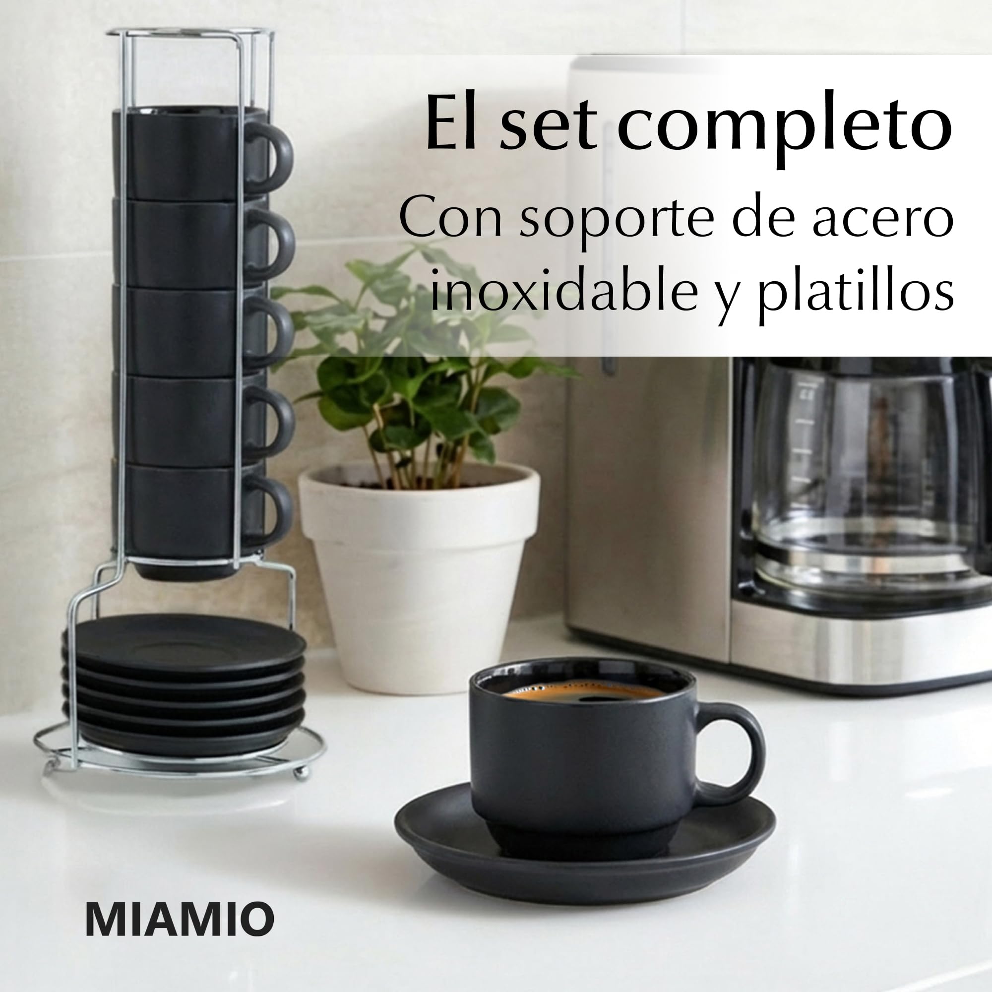 MIAMIO 6 x 75 ml Tazas Cafe Espresso De Cerámica de Gres - Juego De Tazas De Café con Plato - Le Papillon Colección (Negro)