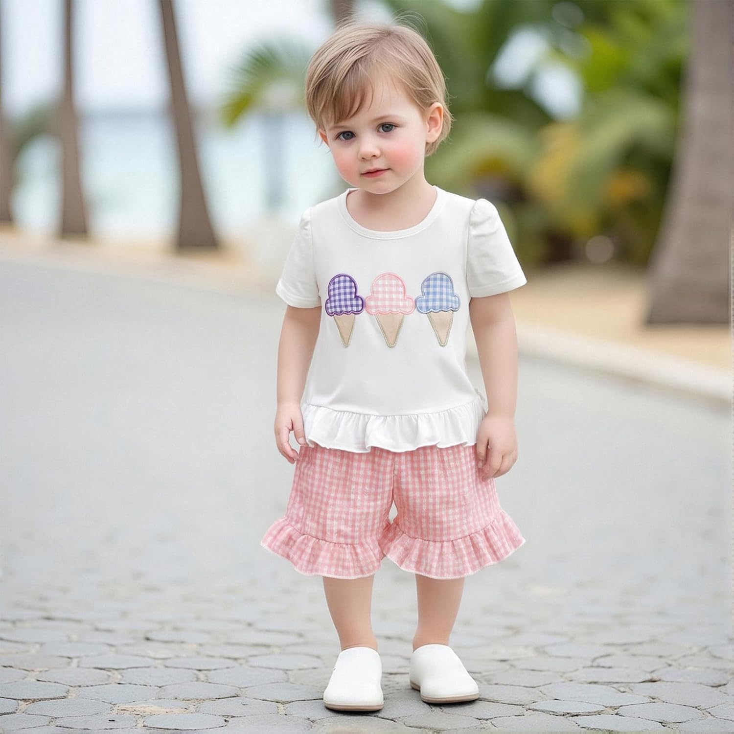 fhutpw Toddler Baby Girls Summer Clothes Smocked Short Sleeve T-Shirt Tops Ruffled Plaid Short Sets Cute Outfits 2Pcs - Image 2