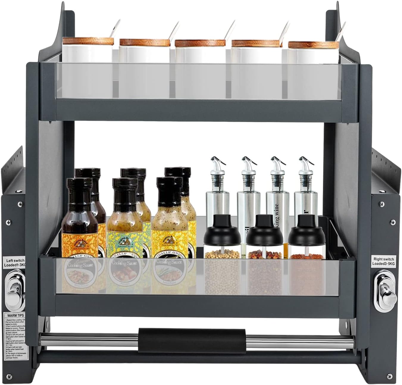 2 Tier Pull Down Shelf,24 Inch Heavy Duty Pull Down Cabinet Organizer w/Pneumatic Damper System Lift Inner Space Saving Wall Mounted Spice Rack Shelf for Kitchen Bar Cafe