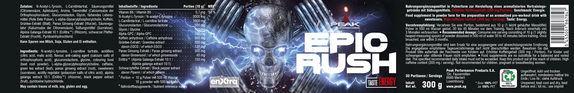 PEAK Epic Rush - 300g Geschmack Energy I 30 Portionen I Pulver I Pre Workout Booster I Stim- & Focus I Energy Drink I Koffein I Panax Ginseng I enXtra™ I vegan