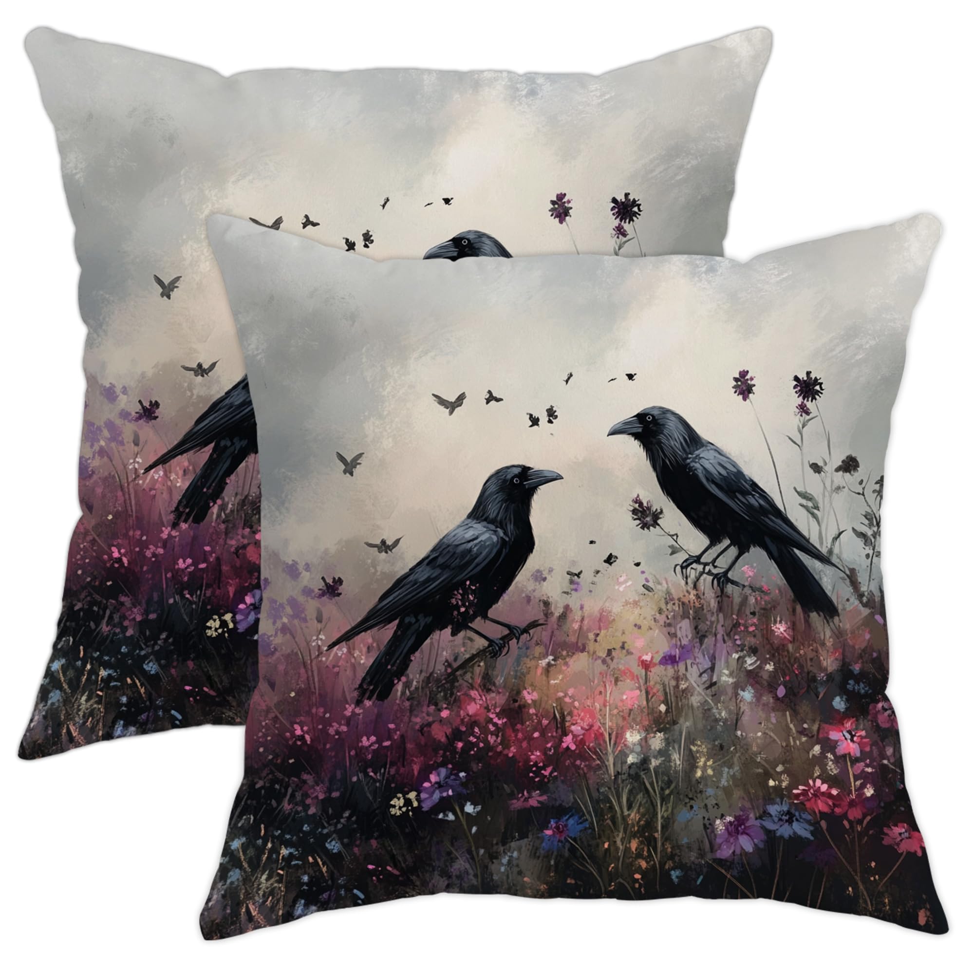 Crows Pillow Covers Set of 2, Black Raven Floral Throw Pillows Case, Autumn Decorative Square Rustic Decor Cushion Covers for Home Sofa Bed Couch 16x16 Inch