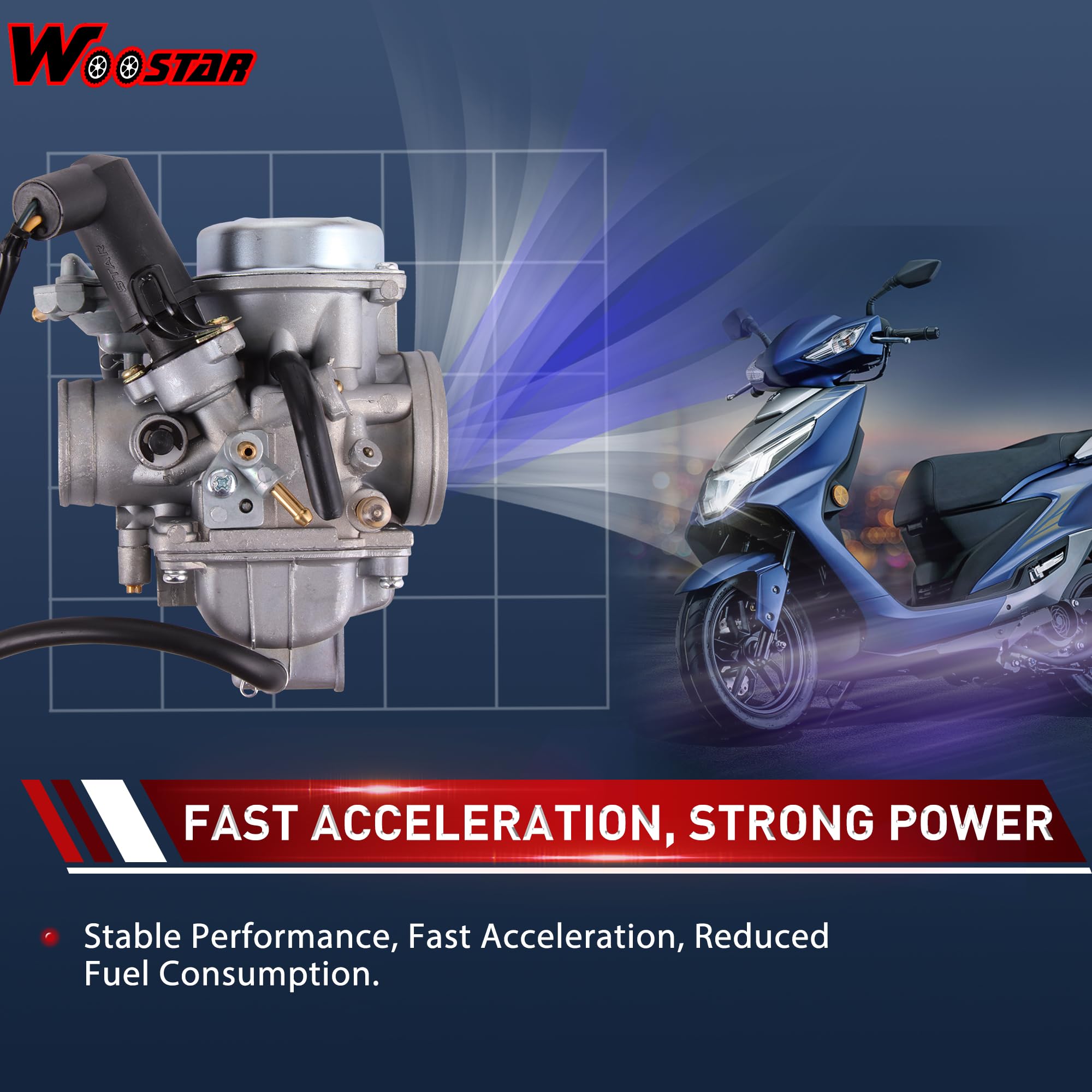 WOOSTAR Carburatore con Tubo Flessibile del Filtro del Carburante Sostituzione per CF250 Helix CN250 Elite CH250 GY6 250cc Scooter Go Kart