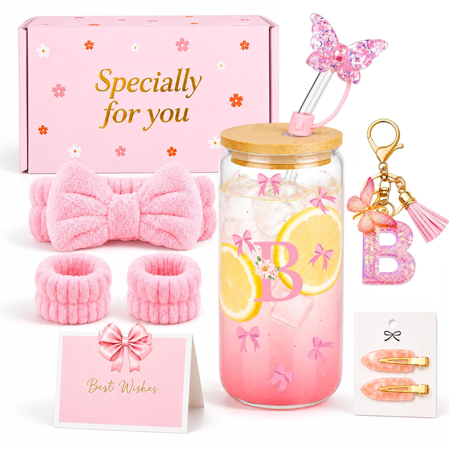 TUZELIYA A-Z Personalised Initial Gifts for Girls, Pink Birthday Gift Set for Teen Girls, Letter Glass Tumbler Gift Set with Bow Headband, Best Friend, Daughter, Sister, Niece, B