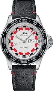 MIDO Ocean Star Worldtimer Swiss Automatic Watch for Men - 40.5mm Stainless Steel with Red and Black Chequered Dial and Leather Strap