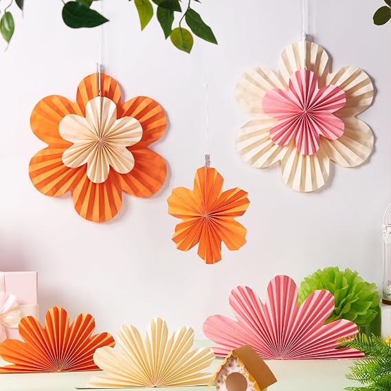 PAPER JAZZ Spring Paper Flowers Decoration Summer Orange Birthday Party Decoration Orange Pink Groovy Paper Fans Classroom for Wall Hanging Decor for Office Baby Shower Bulletin Board.