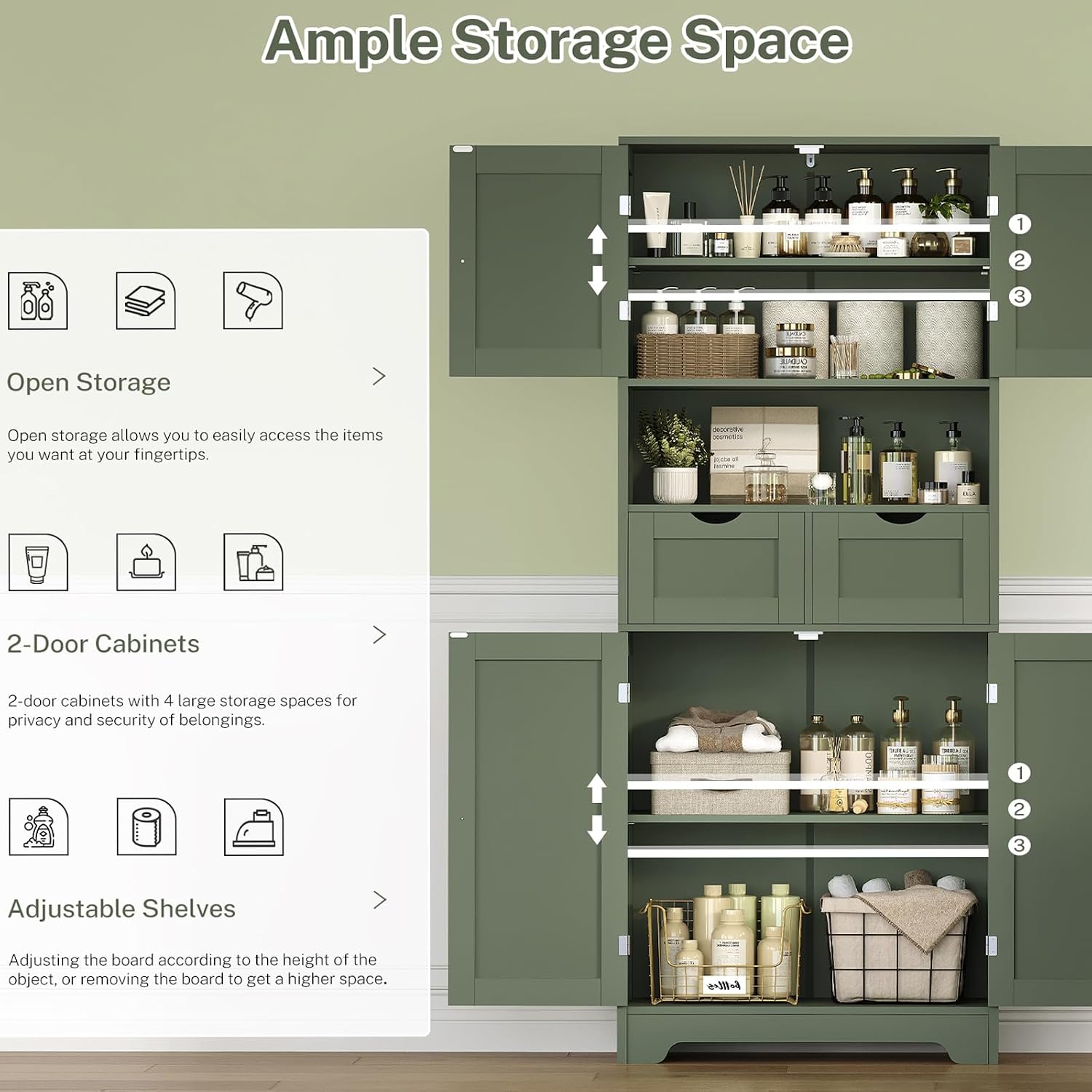  58" H Tall Bathroom Storage Cabinet with 2 Drawers & 2 Adjustable Shelves, Bathroom Cabinet with 4 Doors, Tall Cabinet for Living Room, Dining Room, Entryway, Forest Green thumbnail