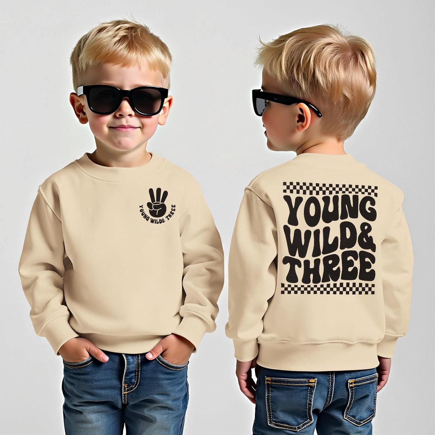 BOUTIKOME Young Wild and Three Birthday Boy Sweatshirt 3 Year Old Boy Pullover Third B-Day Party Shirt Fall Long Sleeve Tops - Image 2