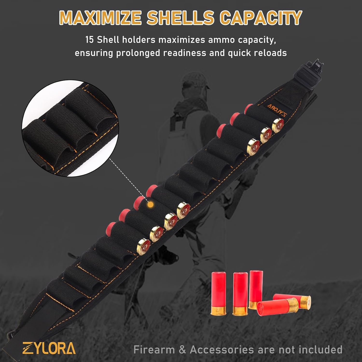 ZYLORA Shotgun Sling with Shell Holders for Shotguns, Adjustable 2 Point Neoprene Padded Non-Slip Shoulder Strap with Metal Swivels, Hunting, Tactical & Remington/Mossberg Compatible