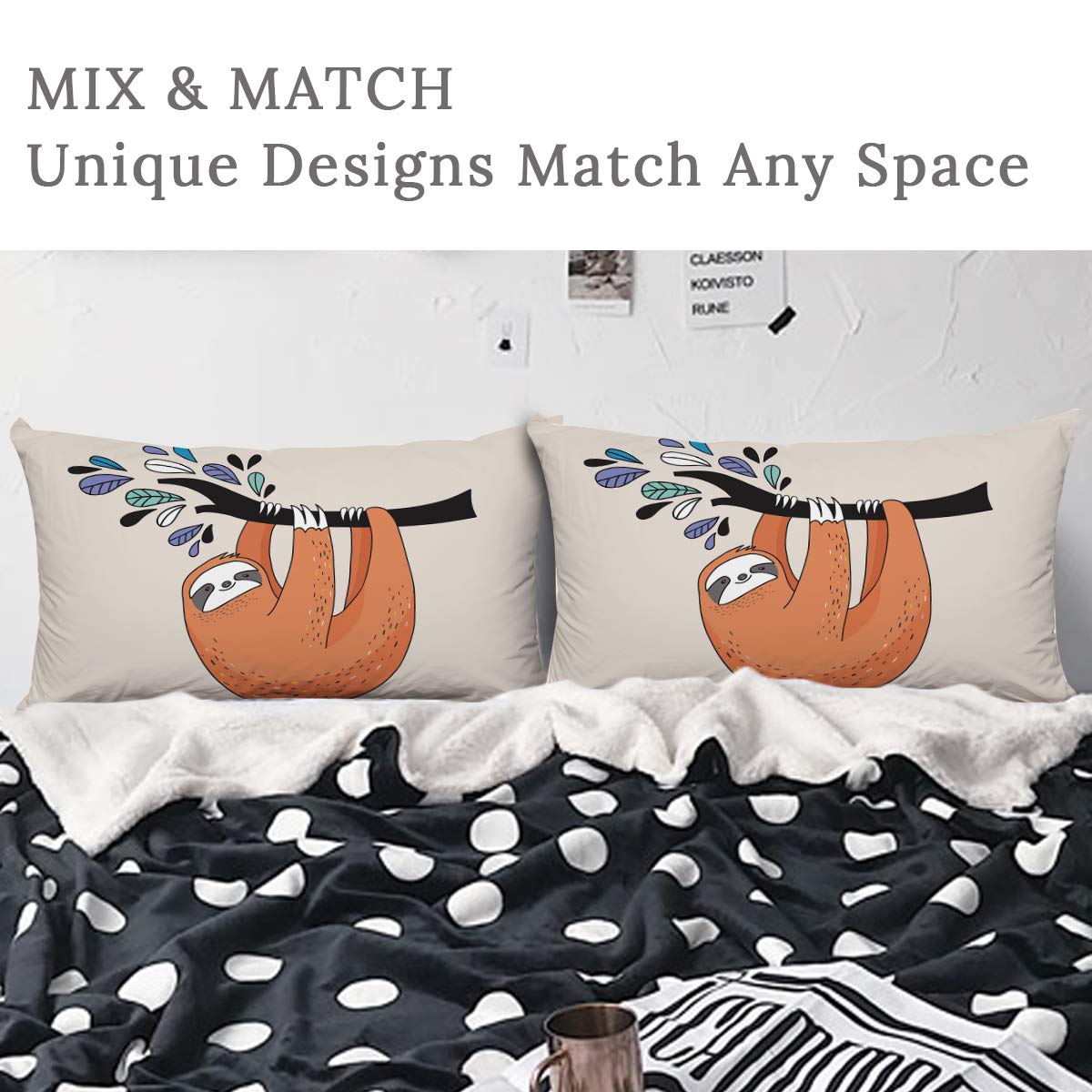 ARIGHTEX Sloth Pillowcase Baby Sloths on Tree Pillow Cover Funny Animal Pillow Covers Kid Orange Pillow Case Set of 2 (Lazy, King 20