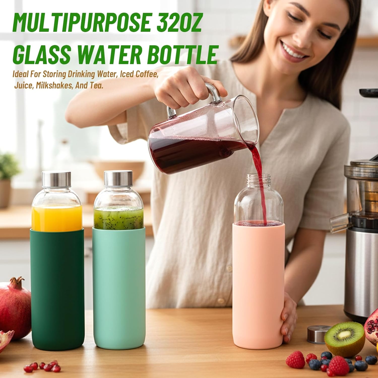 Sursip 32 oz (Set of 3) Glass Juice Bottles with Lids & Silicone Sleeve - Reusable, Refillable, Leakproof, BPA Free for Juicing, Refrigerator Storage - Image 5