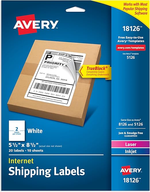 Avery Half-Sheet Printable Shipping Labels, 5.5" x 8.5" Customizable Stickers, White, 20 Blank Mailing Labels, Great for Mailing, Shipping, Organizing, and More (18126)