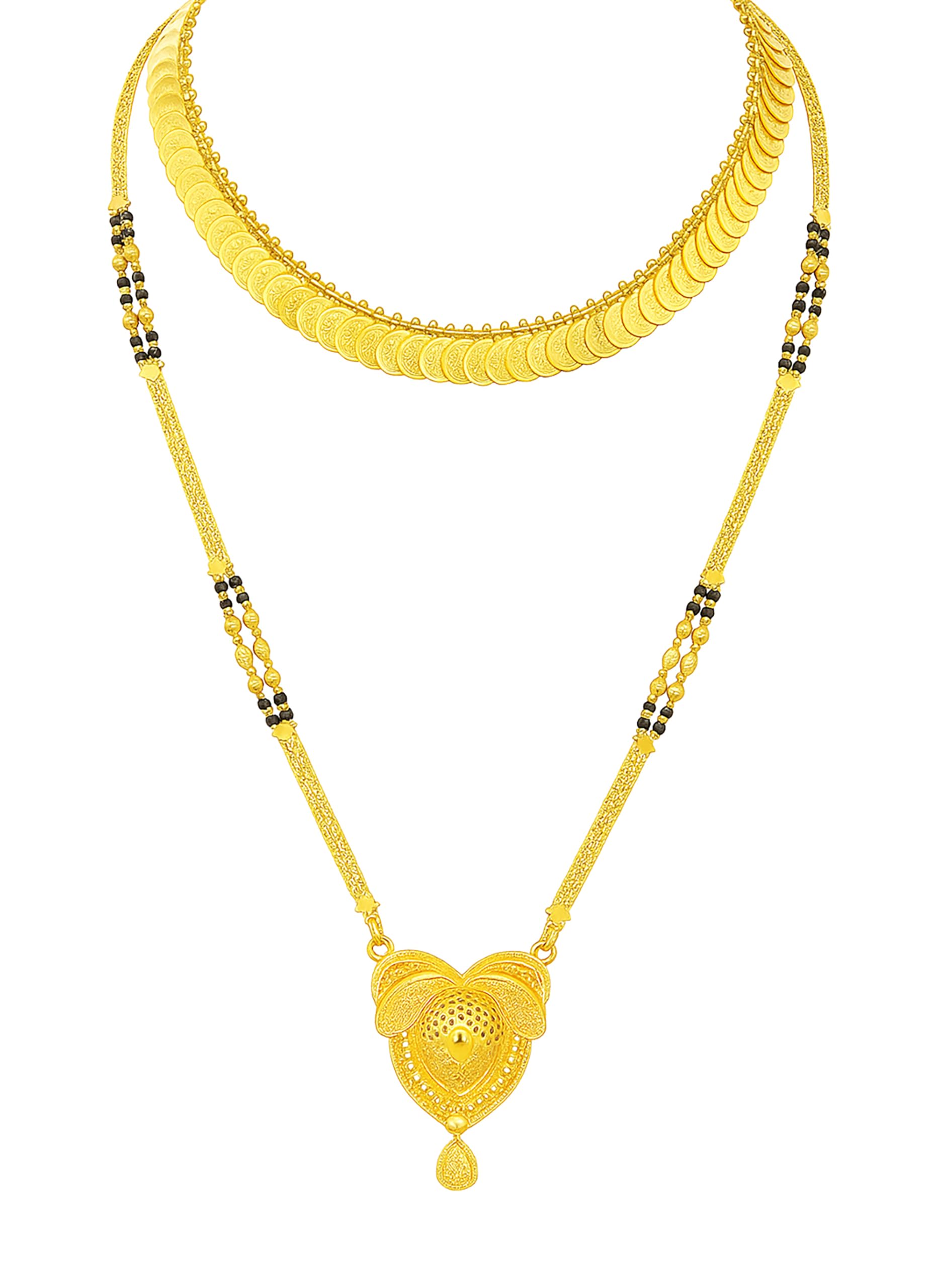 Traditional Gold Plated Mangalsutra Necklace Set with Black Beads, Coin Design Long Chain, South Indian Style Wedding Jewellery-image-41