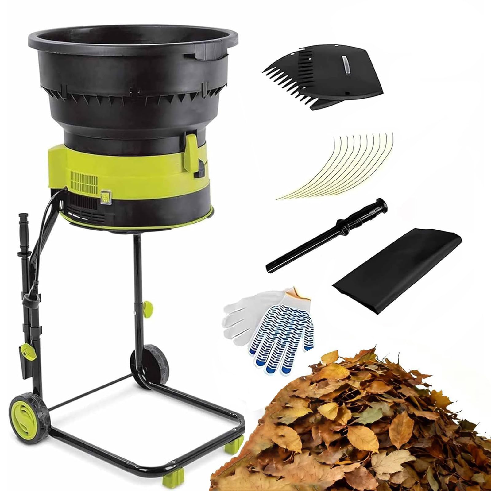Trituradora de Hojas eléctrica de 2500 W Corte sin Cuchillas Ruedas de Embudo de 54 cm y Bolsa de Almacenamiento para Madera y residuos de jardín. 60mpowercord