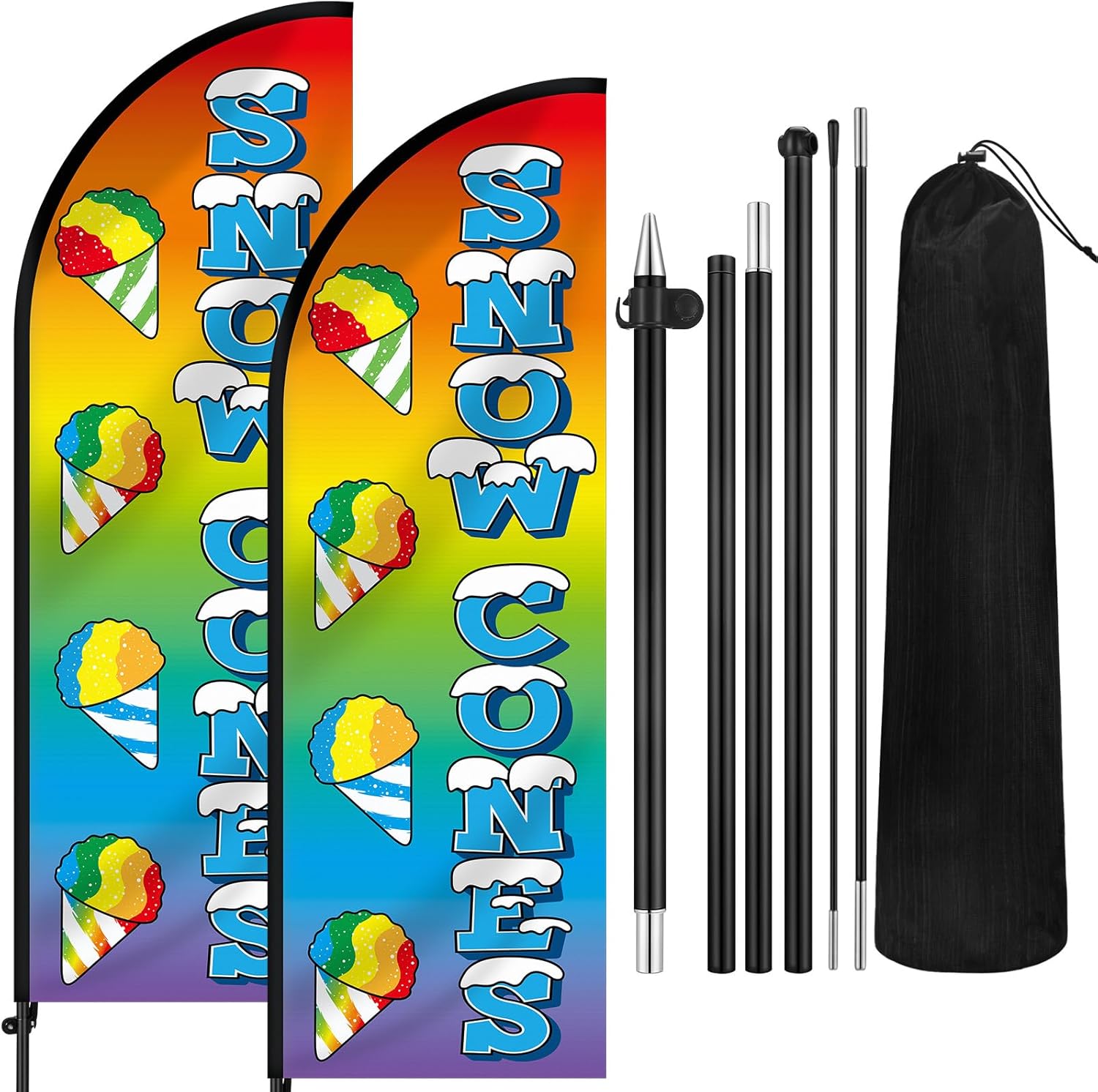 2 Pack 7 ft Snow Cone Swooper Flag Snow Cone Feather Banner Sign with Pole Kit for Summer Outdoor Advertising(Rainbow Style)