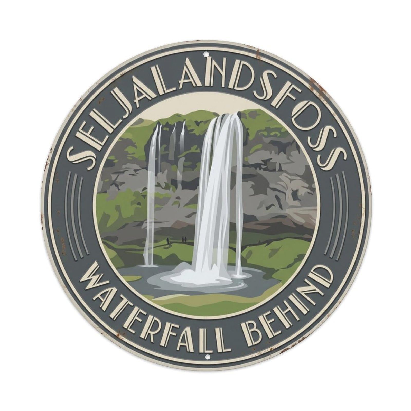 Seljalandsfoss Waterfall Behind Iceland Cascade Metal Tin Sign Plaque Wall Decor for Cafe, Club Bar, Office, Home Garden Round Metal Poster 8x8Inch