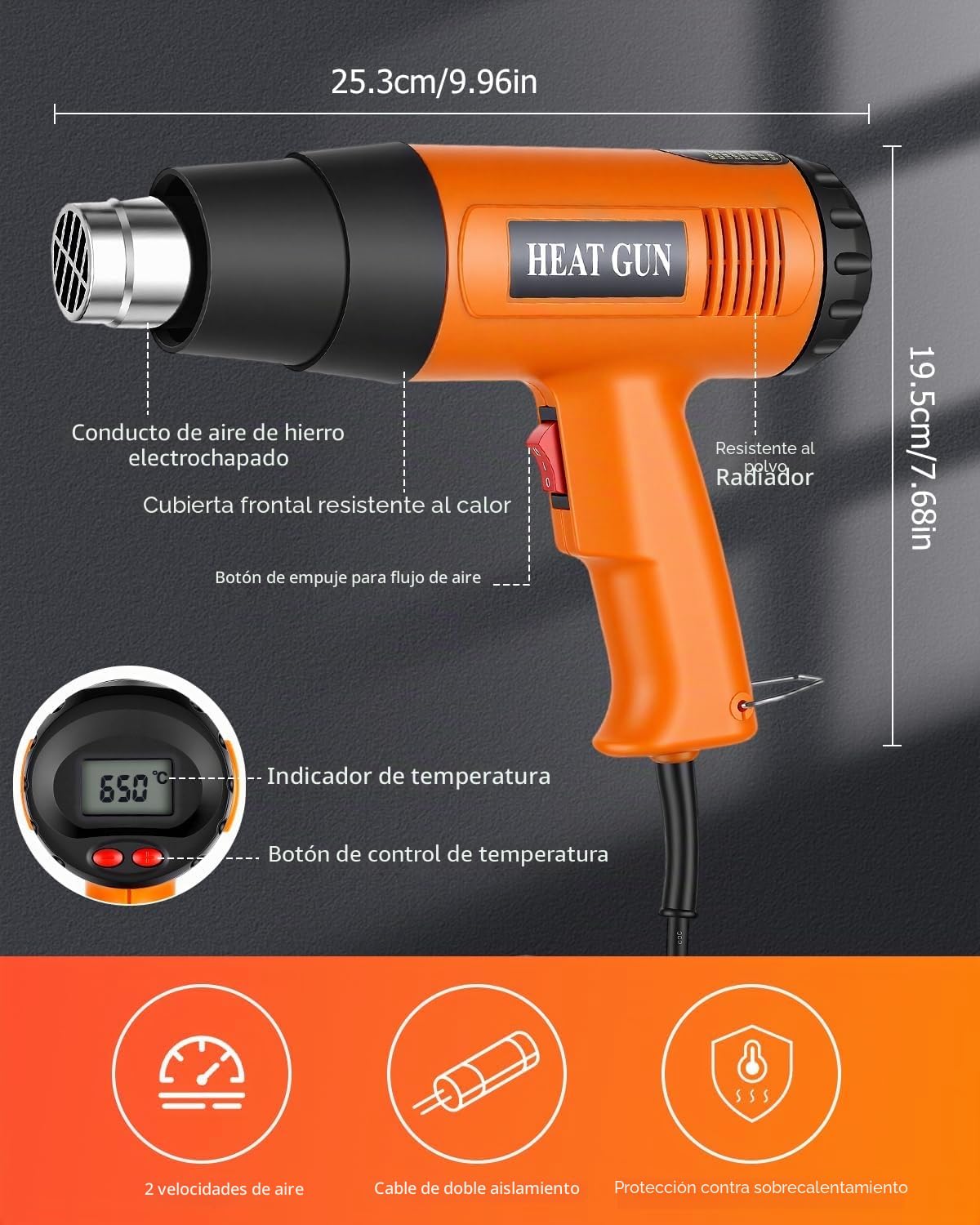Pistola de Aire Caliente 2000W, Pistola de Calor Temperatura Variable de 50℃ a 650℃, 2 Velocidades de Aire Calentamiento Rápido, Protección Contra Sobrecarga, Pistola Calor con 7 Accesorios