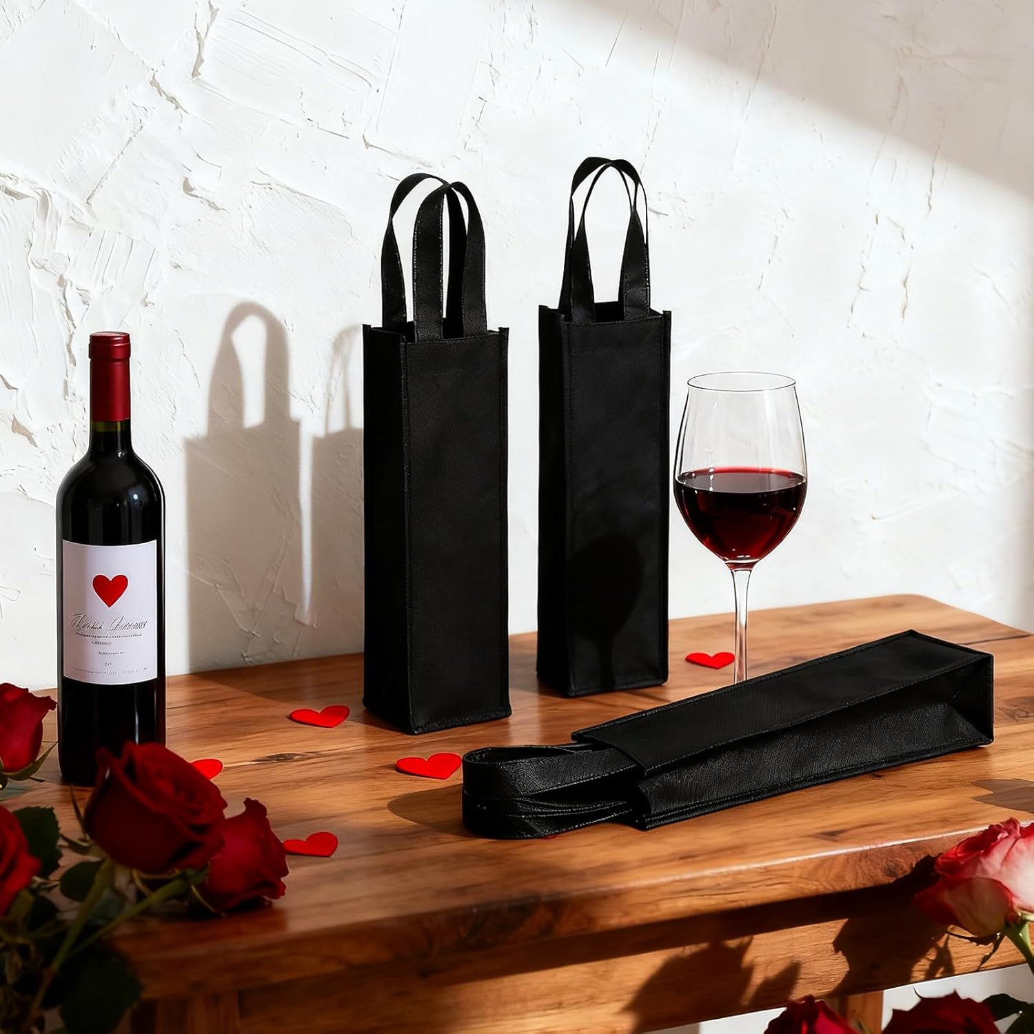 Hoolerry 48 Pcs Wine Bag Single Fabric Reusable Tote Gift Bags Bulk Bottle Holder Wine Carrier with Handles for Shopping Wedding Birthday Dinner Parties(Black)